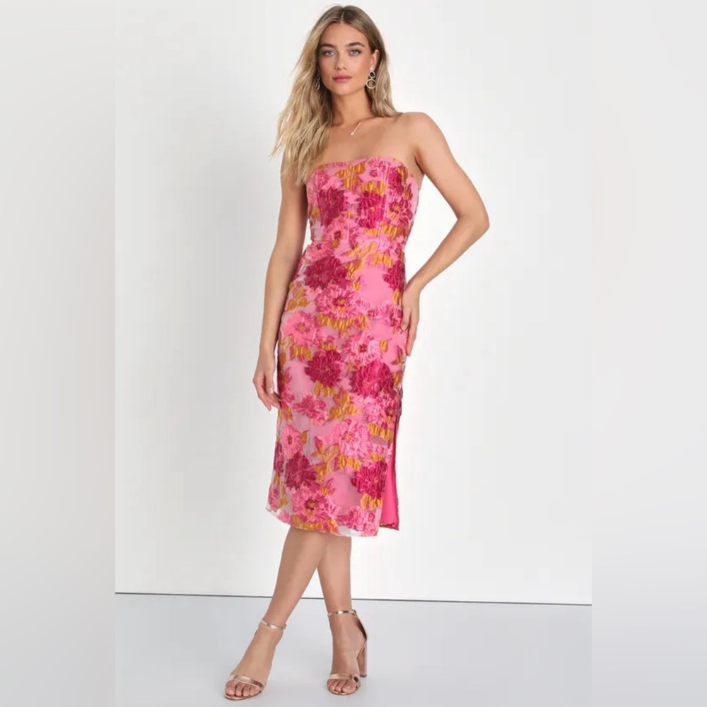 Upgraded Event Pink Jacquard Strapless Bustier Midi Dress